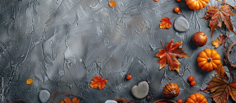 Poster autumn decor with leaves, pumpkins on stone backdrop in flat lay style. top view of scene with ample