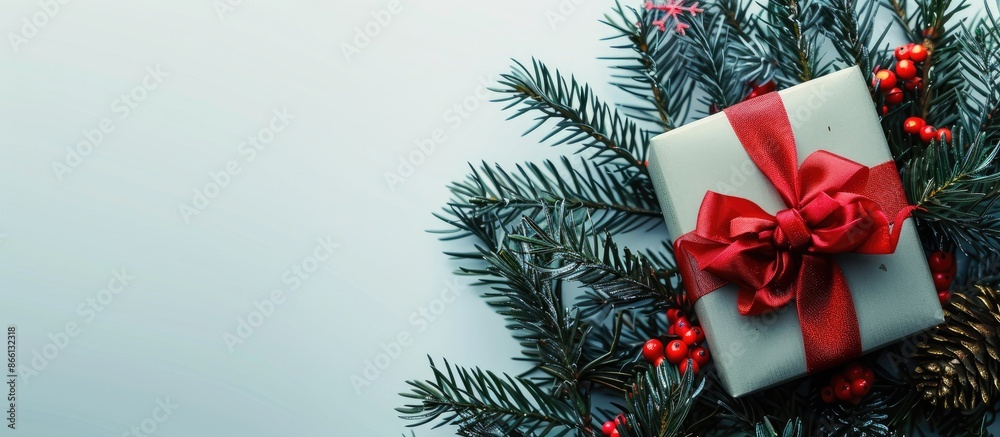Poster festive christmas gift box with a red bow nestled in fir branches creates a xmas and new year compos