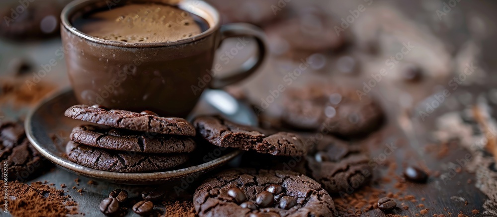Aufkleber Close up of chocolate cookies and coffee cup, creating a symbolic copy space image representing a delicious snack or sweet dessert with selective focus.