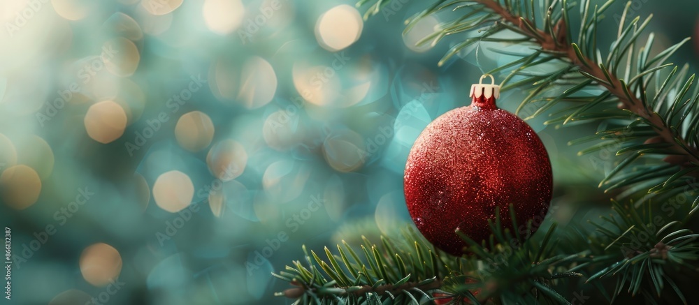 Poster Festive Christmas toy displayed on a lush fir branch with ample space for text, creating a perfect holiday-themed copy space image.