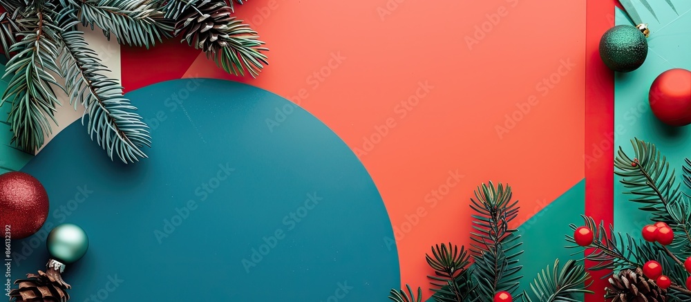 Poster christmas-themed flat lay with circular paper, pine branches, and festive ornaments on a vibrant bac