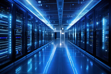 A detailed image of a data center powered by renewable energy sources, space for text