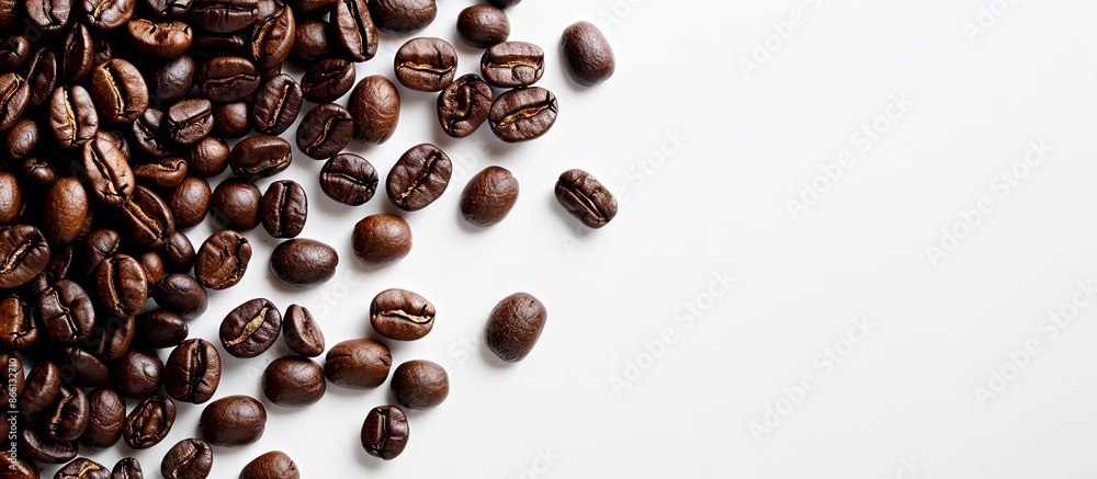 Poster coffee beans are shown on a white backdrop in a copy space image.