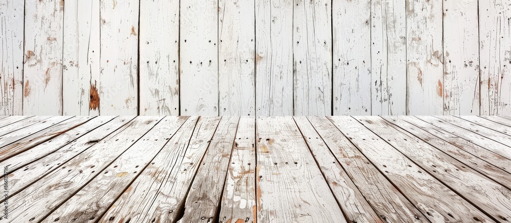 Poster aged white wooden deck backdrop with room for text. rustic wood surface with copy space image.
