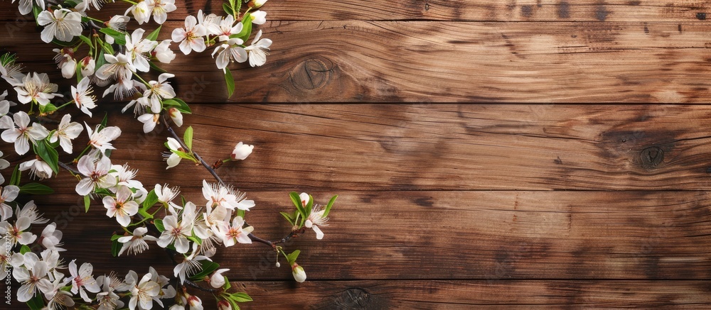 Poster Flat lay wooden table with a blooming spring tree branch, providing ample copy space image.