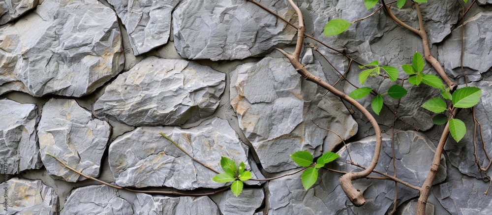 Poster Copy space image of a grey stone wall with varied stone sizes, featuring a branch adorned with green leaves.