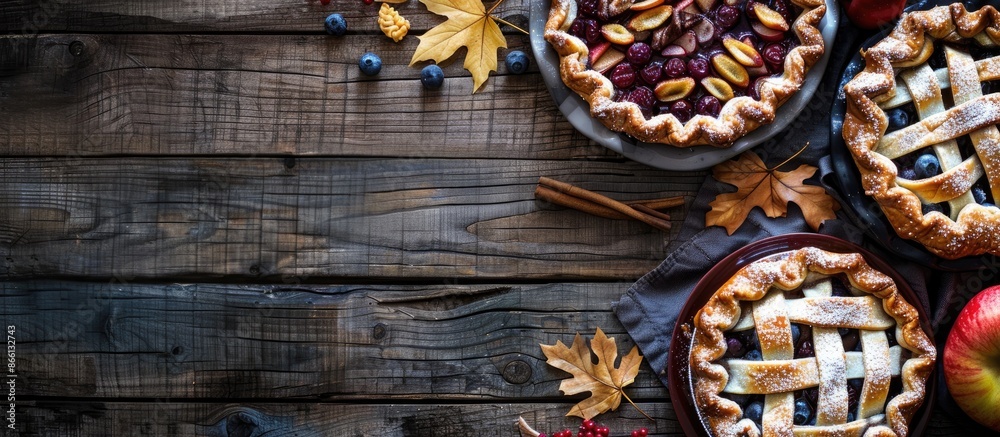 Poster autumn pies like blueberry tart, chantarelle galette, and classic apple pie with sweet crust on a ru