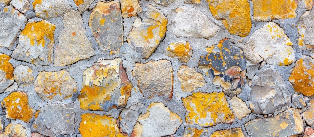 Aufkleber close-up image of a light stone wall showcasing a mix of yellow, gray, and orange stones with cement