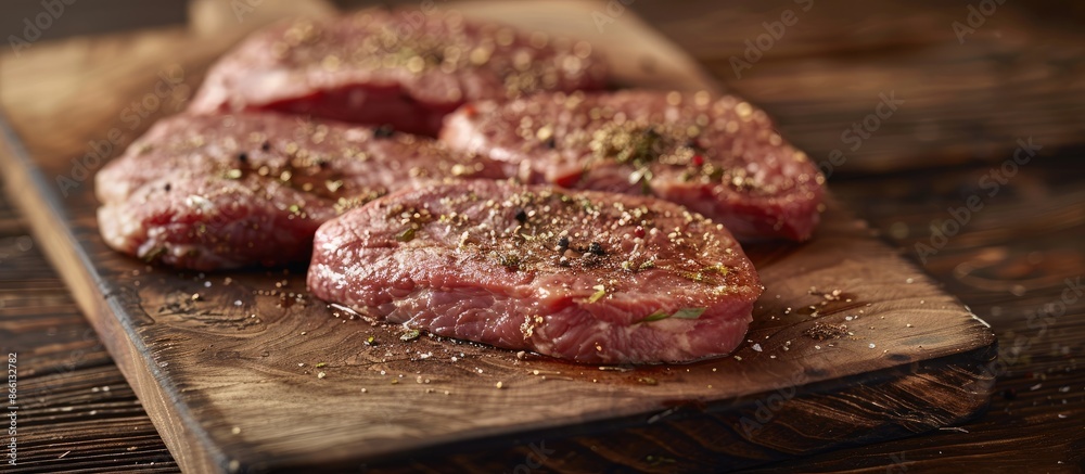 Poster An aged cutting board holds three uncooked meat slices seasoned with spices, with selective focus on the setup for a copy space image.