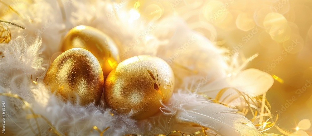 Poster easter scene with gleaming golden eggs nestled on fluffy feathers, offering a vibrant and cheerful c