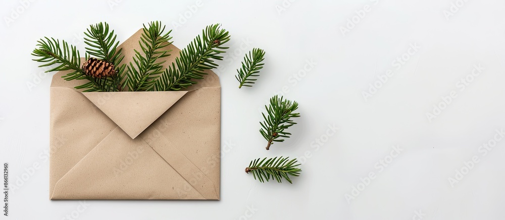 Poster christmas greeting card mockup on a craft paper envelope decorated with fir tree branches, displayed