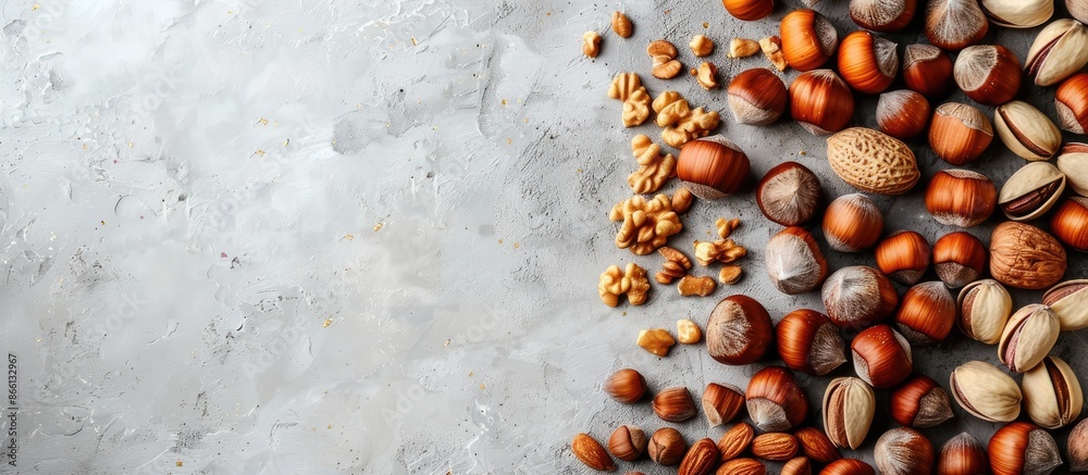 Poster Assorted nuts and hazelnuts arranged on a fresh background with copy space image.