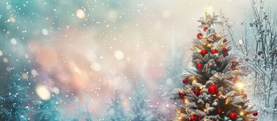 Festive Christmas backdrop for a greeting card with a beautifully adorned tree, suitable for a copy space image.