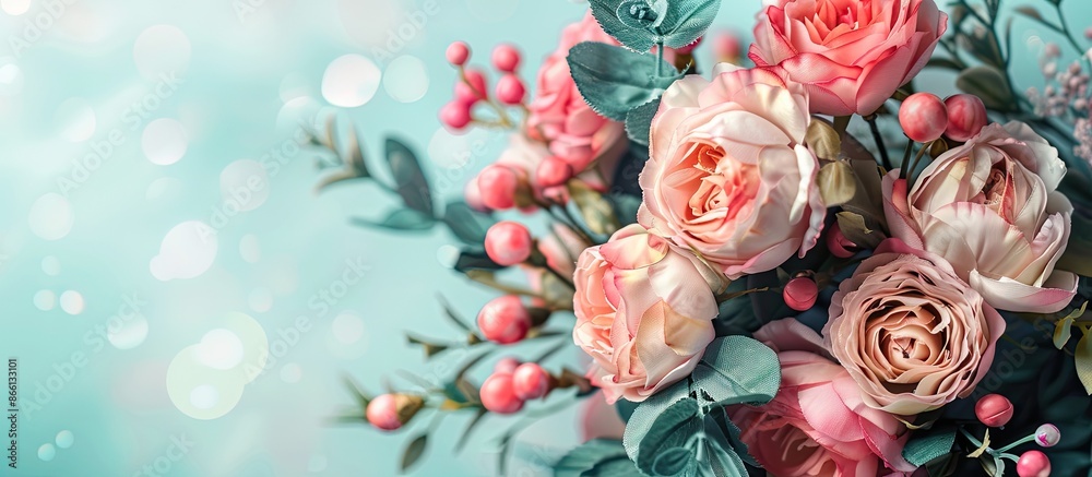 Poster beautiful artificial flowers bouquet with copy space image.