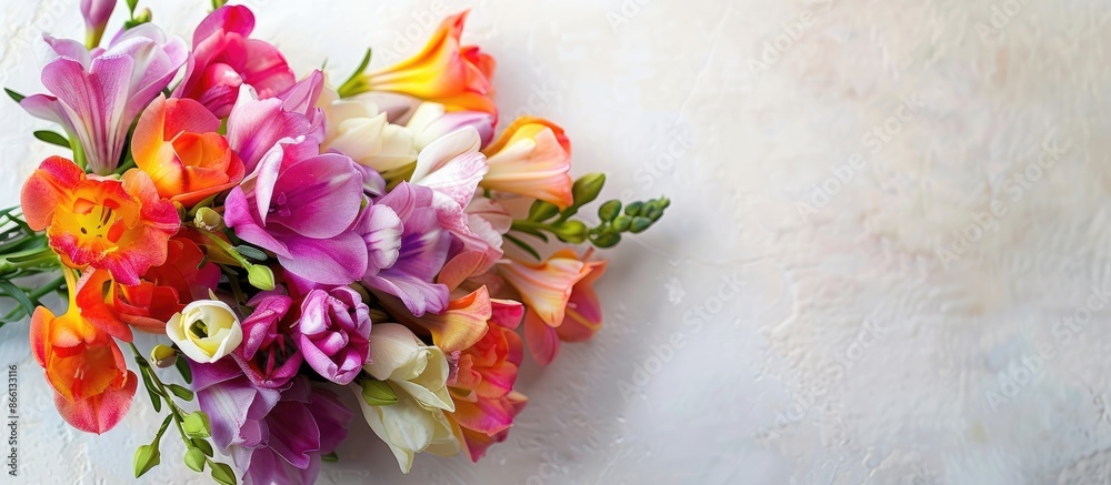 Poster Colorful freesia bouquet displayed on a background with copy space image.