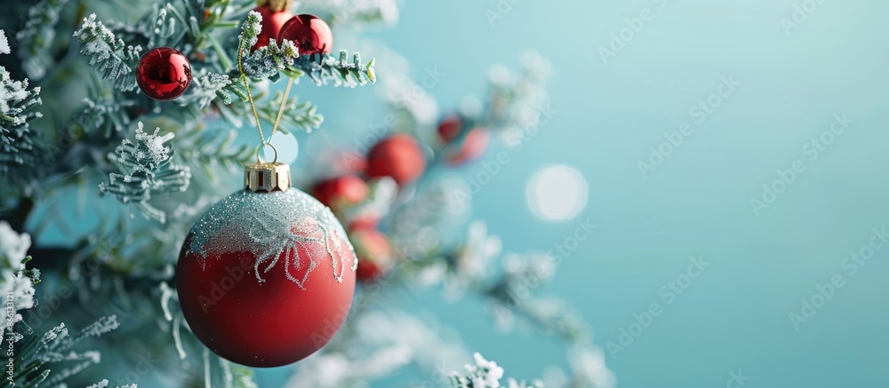 Poster charming christmas tree ornament on a blue backdrop with available copy space image.