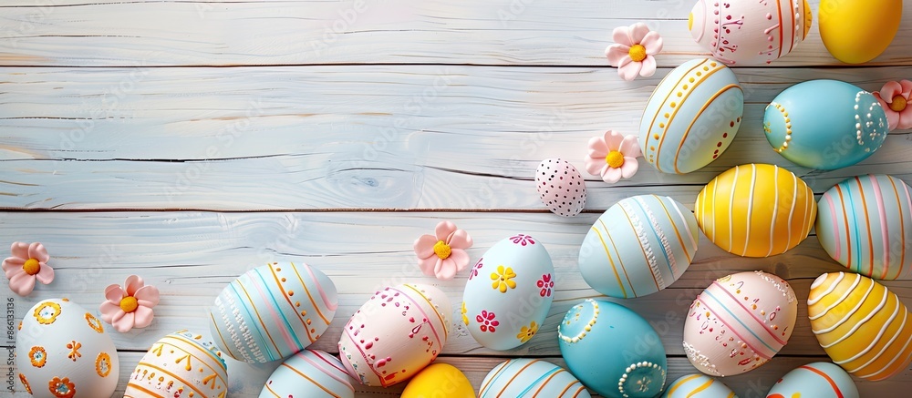Poster easter eggs arranged on a light wooden backdrop with copy space image.