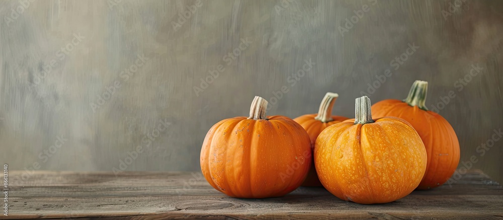 Poster Cut ripe pumpkins placed on a wooden table with space for text or graphics. image with copy space