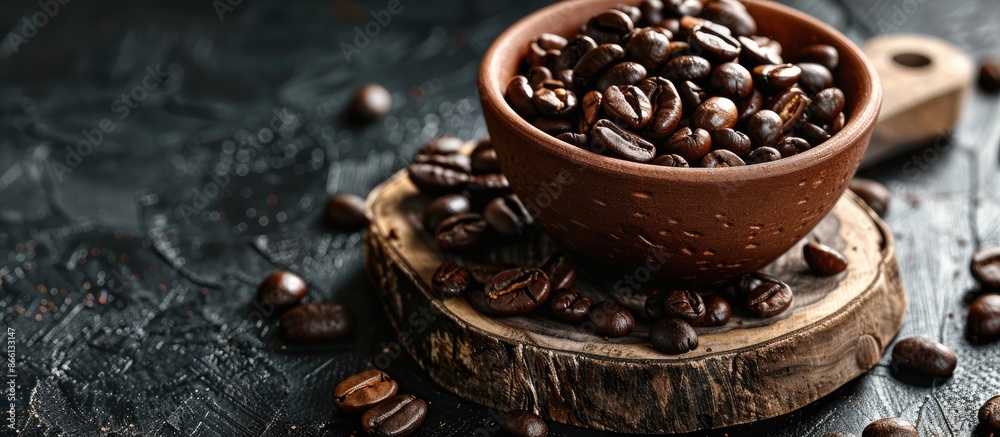 Poster close-up of coffee beans in a clay bowl on a wooden board with a textured copy space image on a blac