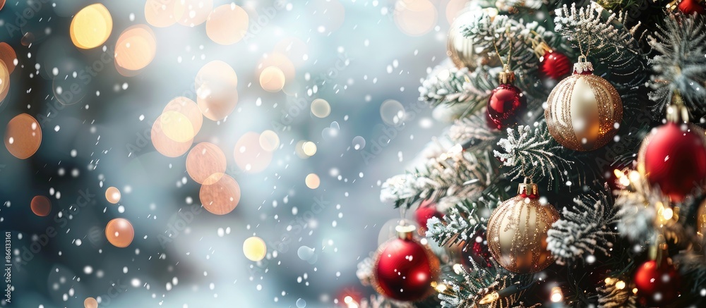 Poster christmas tree adorned with gold and red ornaments and twinkling lights on a snow-covered background