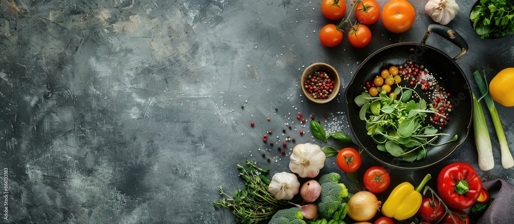 Poster an arrangement on a grey table featuring a frying pan, fresh produce, and room for text in a copy sp