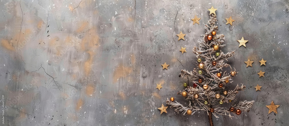 Poster Flat lay silhouette of a Christmas tree crafted from wooden twigs adorned with gold star sequins on a gray concrete background with copy space image.