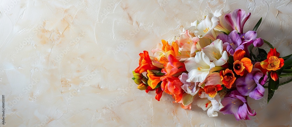 Poster Colorful freesia bouquet displayed on a background with copy space image.