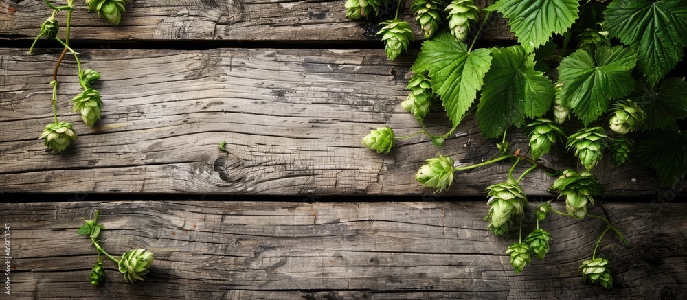 Poster An image with a green hop branch with cones is set against a rustic wooden plank backdrop, allowing for copy space in the composition.