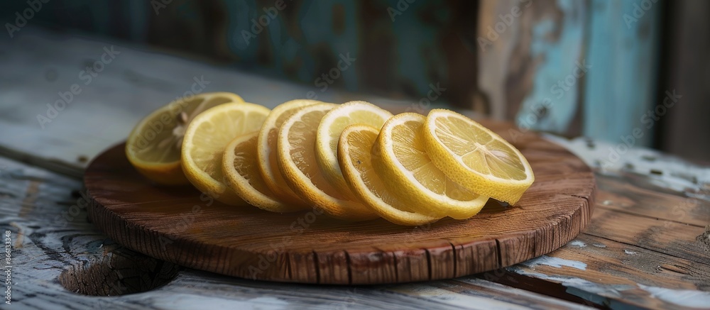 Poster an artistic arrangement of lemon slices on a wooden plate with copy space image available.