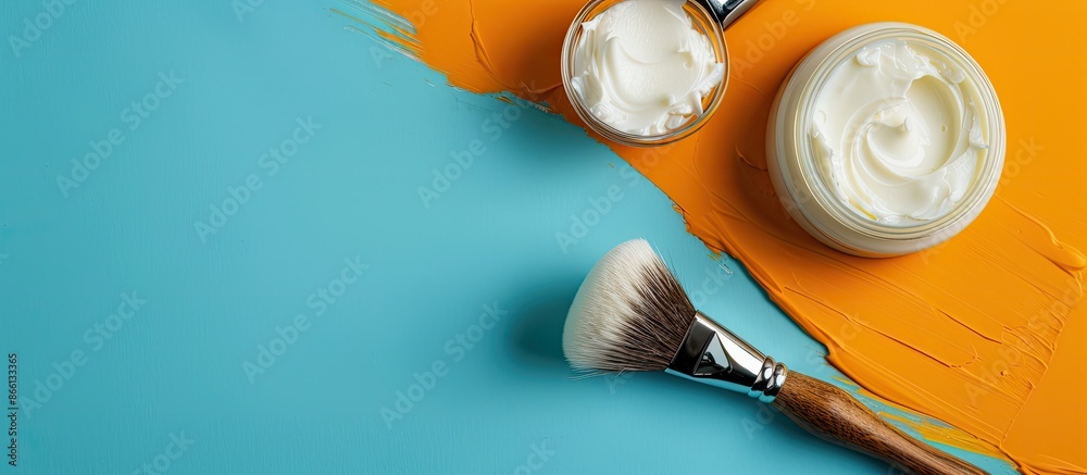 Poster Colorful background with shaving brush and cream in flat lay composition, offering copy space image.