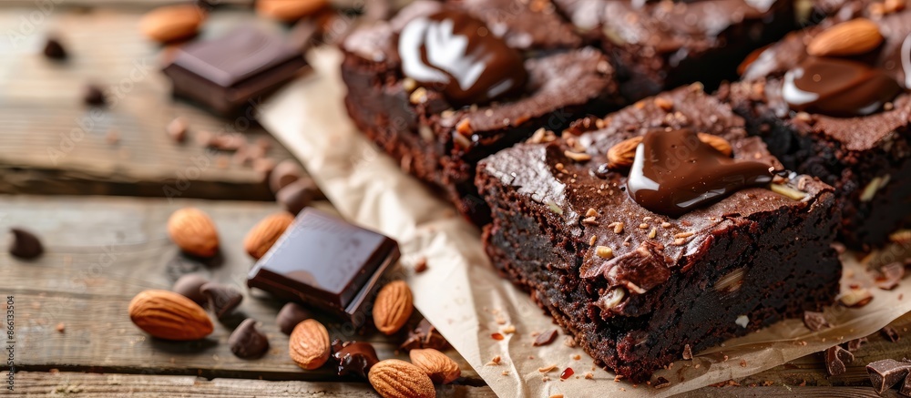 Poster close-up image featuring homemade dark chocolate brownies adorned with almond slices and chocolate s