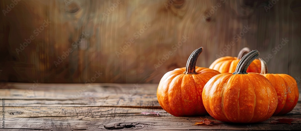 Poster cut ripe pumpkins placed on a wooden table with space for text or graphics. image with copy space