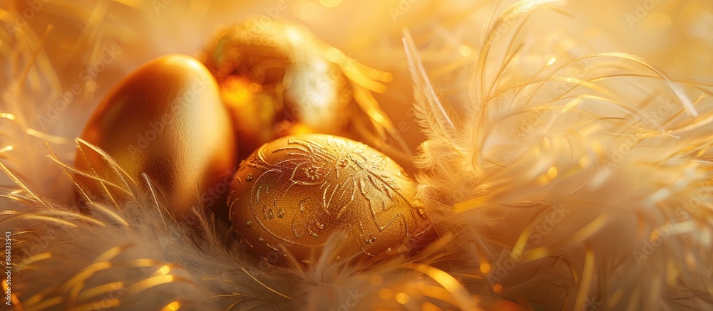 Poster easter scene with gleaming golden eggs nestled on fluffy feathers, offering a vibrant and cheerful c