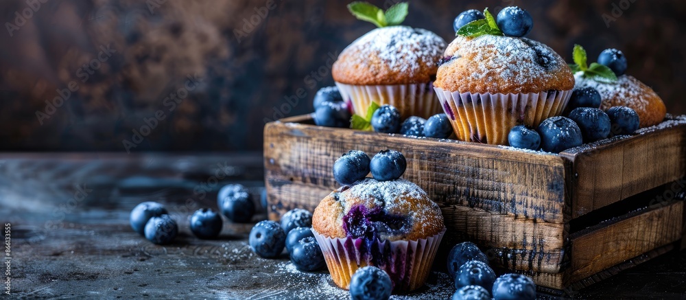 Poster blueberry muffins and fresh berries arranged on a rustic wooden box, all sprinkled with a dusting of