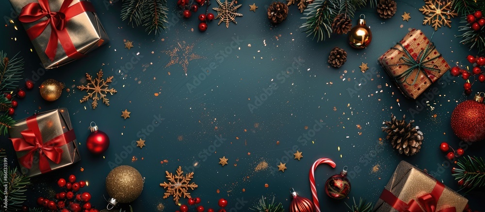 Aufkleber festive christmas background with new year's decorations and toys in a top view flatlay composition,
