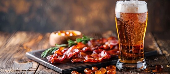 Beer and delicious fried bacon garnished with rosemary, with an area for adding text or images. image with copy space