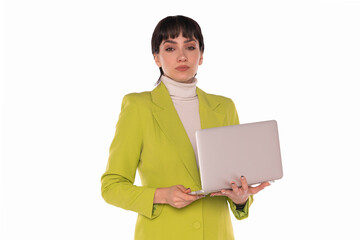 Woman in Green Blazer Holding Laptop Against White Background
