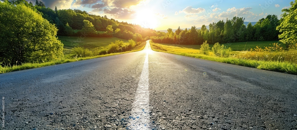 Poster Clear day in the countryside with an empty road, providing a serene copy space image.