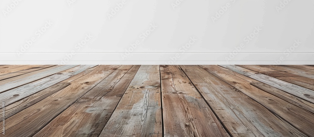 Poster An interior room with an empty space, featuring a white wall with wooden planks in the foreground, showcasing the floor from a unique perspective, creating a rustic background for a copy space image.
