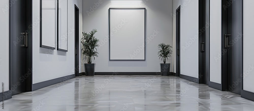 Poster corridor interior with copy space image for paintings in a blank frame.