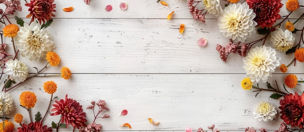 Poster chrysanthemum flowers form an elegant frame on a white wooden backdrop, ideal for a copy space image