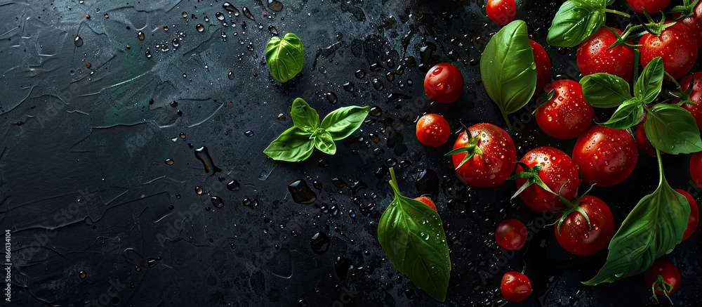 Poster Dark background with copy space image showcasing cherry tomatoes and basil leaves adorned with water droplets.