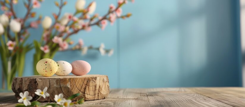 Easter holiday theme with wooden log, eggs on table over blue backdrop. Ideal for spring designs and product showcases. Includes copy space image.
