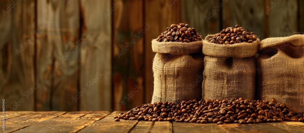 Poster Coffee bean-filled bags displayed against a gently lit backdrop create an inviting copy space image.
