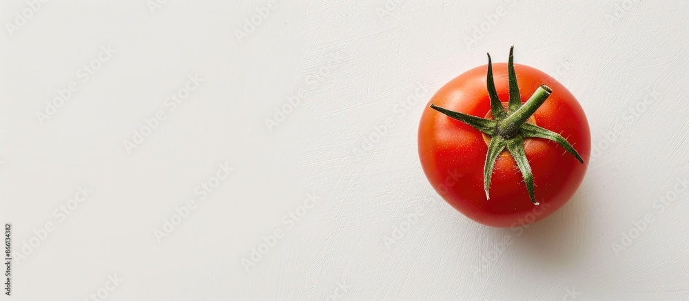 Poster copy space image of a vibrant red tomato set against a white background.