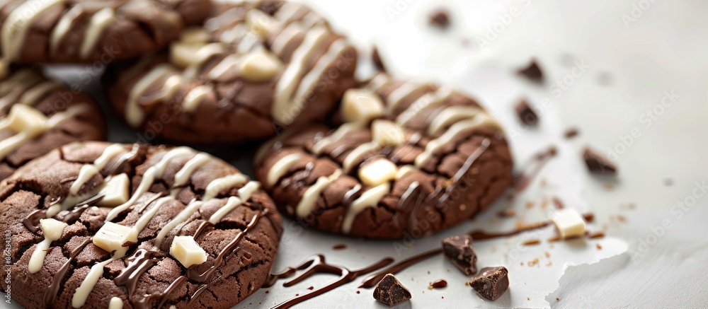 Poster Chocolate cookies featuring white chocolate chunks drizzled with milk chocolate sauce, against a plain background with space for additional content.