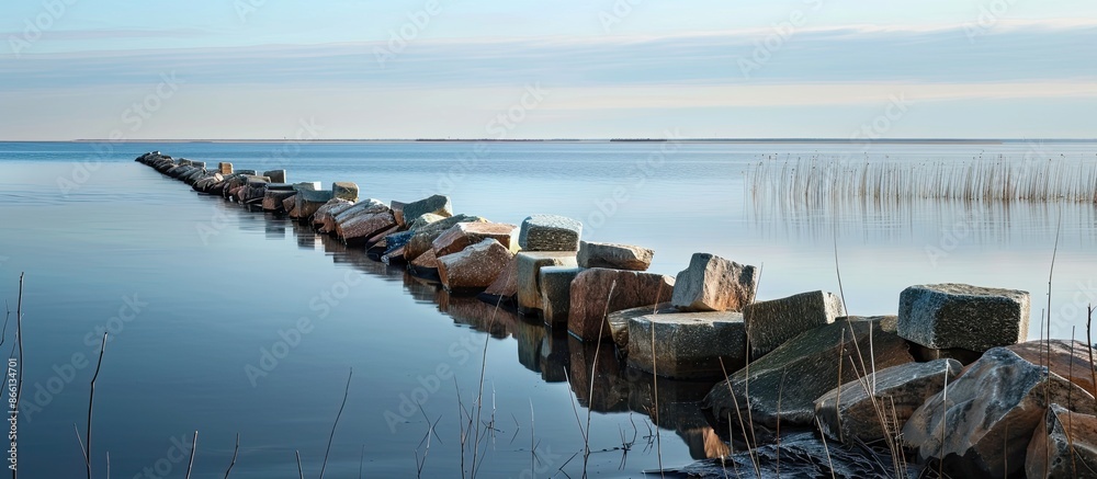 Poster A breakwater on Beloye lake provides a sense of protection and safety with a serene background for a copy space image.