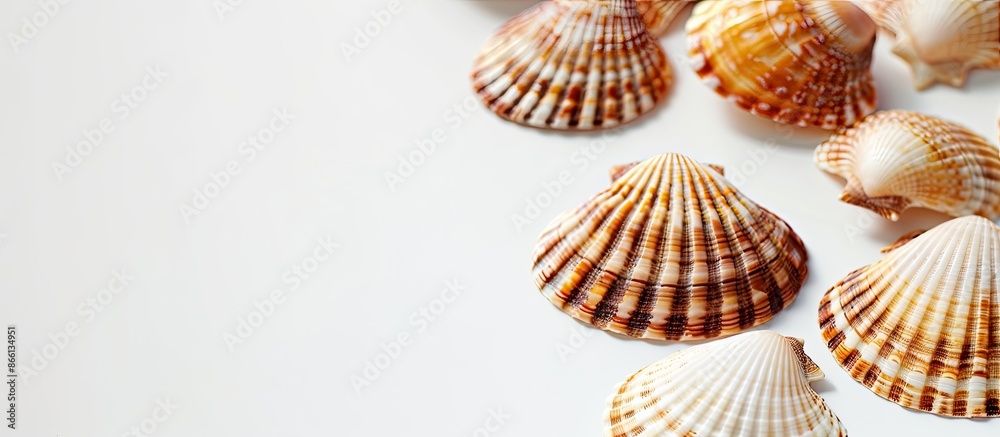 Poster Close-up of numerous seashells on a white backdrop, with ample copy space image.