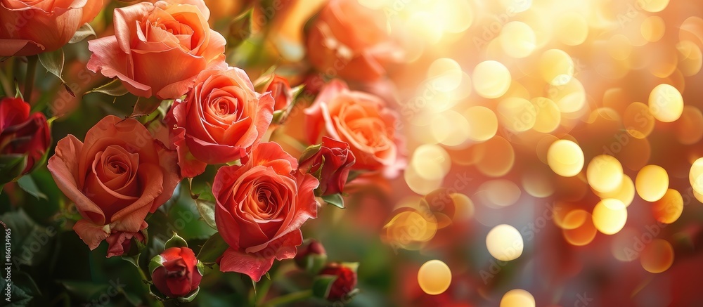 Poster close-up image of gorgeous roses with golden bokeh, ideal for mother's day, featuring copy space ima
