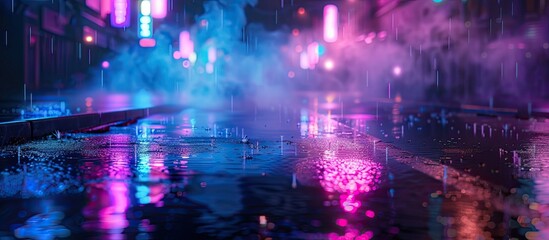 Fototapeta premium A dark urban setting with wet asphalt, neon light reflections, a beam of light, and smoke creates an abstract atmosphere in the night cityscape with copy space image.